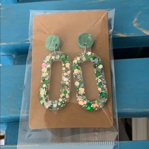 Green and silver dangle earrings. Homemade